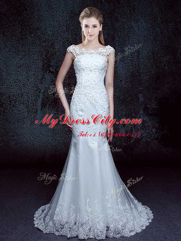 Dynamic Mermaid Scoop Tulle Cap Sleeves With Train Wedding Gowns Brush Train and Lace