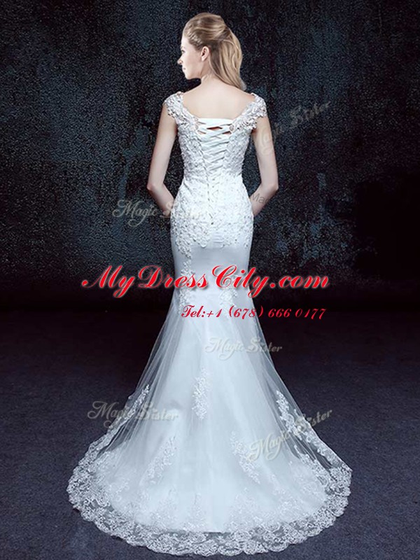 Dynamic Mermaid Scoop Tulle Cap Sleeves With Train Wedding Gowns Brush Train and Lace