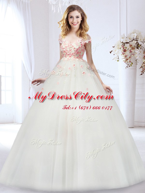 White Strapless Neckline Appliques Wedding Dress Sleeveless Lace Up