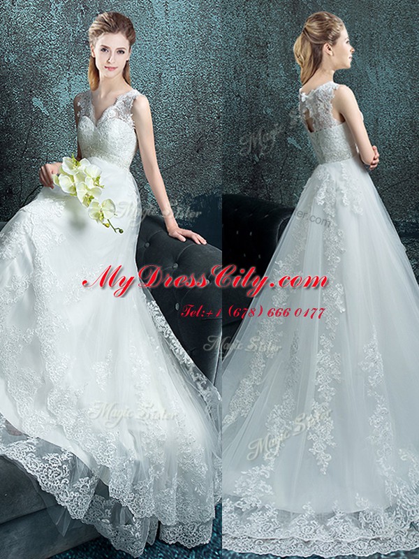 Modest White Sleeveless Brush Train Lace and Appliques With Train Wedding Gowns