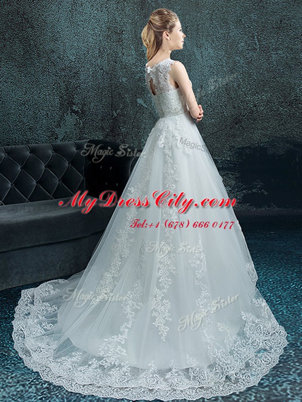 Modest White Sleeveless Brush Train Lace and Appliques With Train Wedding Gowns