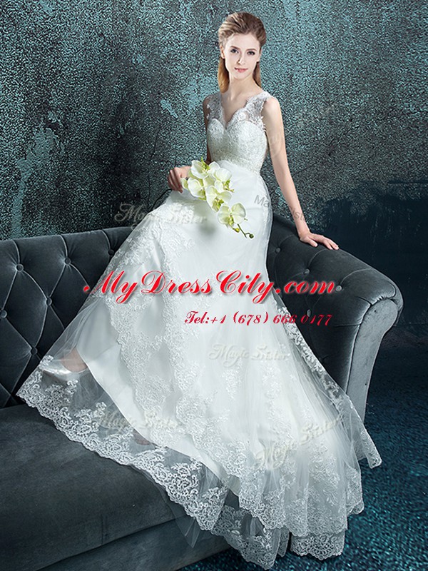 Modest White Sleeveless Brush Train Lace and Appliques With Train Wedding Gowns