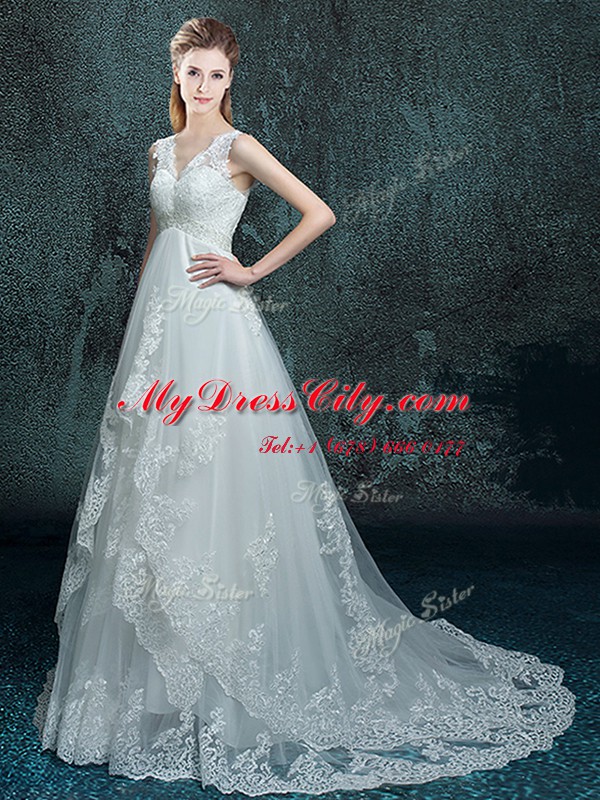 Modest White Sleeveless Brush Train Lace and Appliques With Train Wedding Gowns