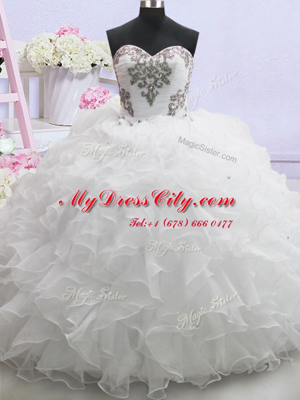 White Sleeveless Brush Train Beading and Ruffled Layers With Train Wedding Dresses