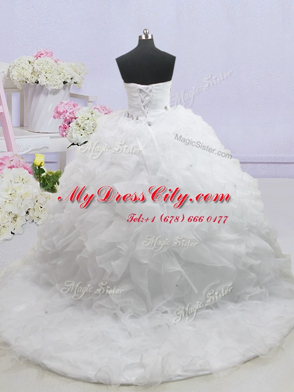 White Sleeveless Brush Train Beading and Ruffled Layers With Train Wedding Dresses