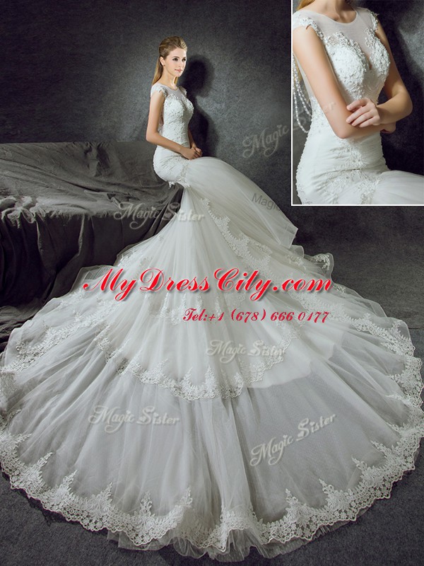 Super White Mermaid Tulle Scoop Sleeveless Lace With Train Side Zipper Wedding Dress Court Train