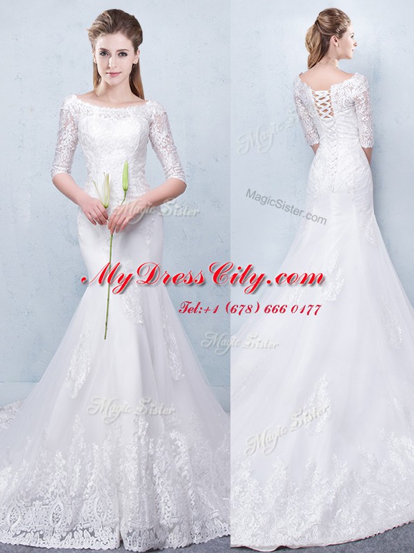 White Mermaid Scoop Half Sleeves Tulle With Train Court Train Lace Up Lace Wedding Gowns