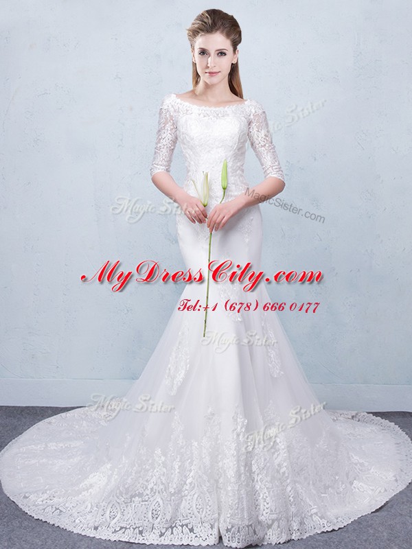 White Mermaid Scoop Half Sleeves Tulle With Train Court Train Lace Up Lace Wedding Gowns