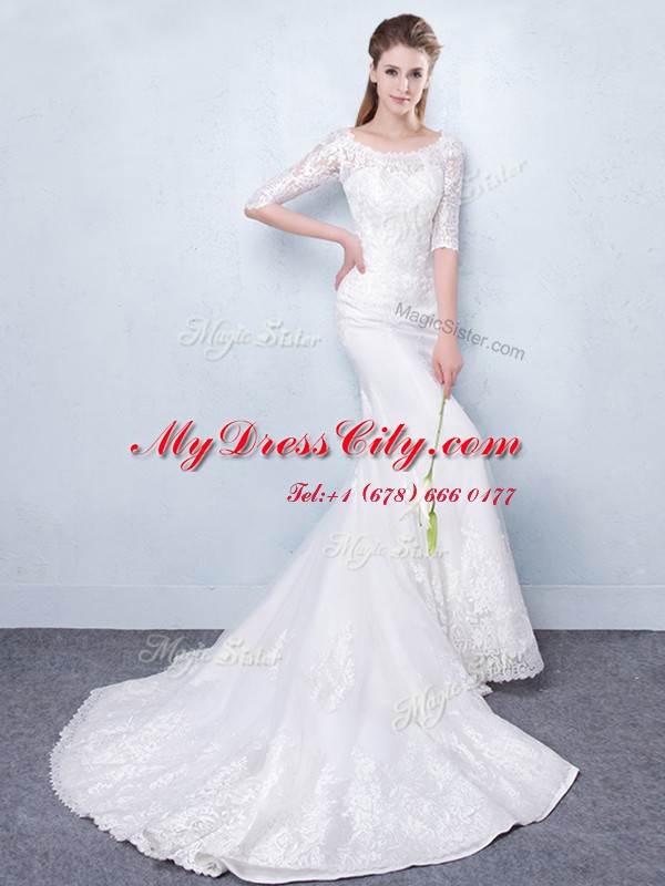 White Mermaid Scoop Half Sleeves Tulle With Train Court Train Lace Up Lace Wedding Gowns