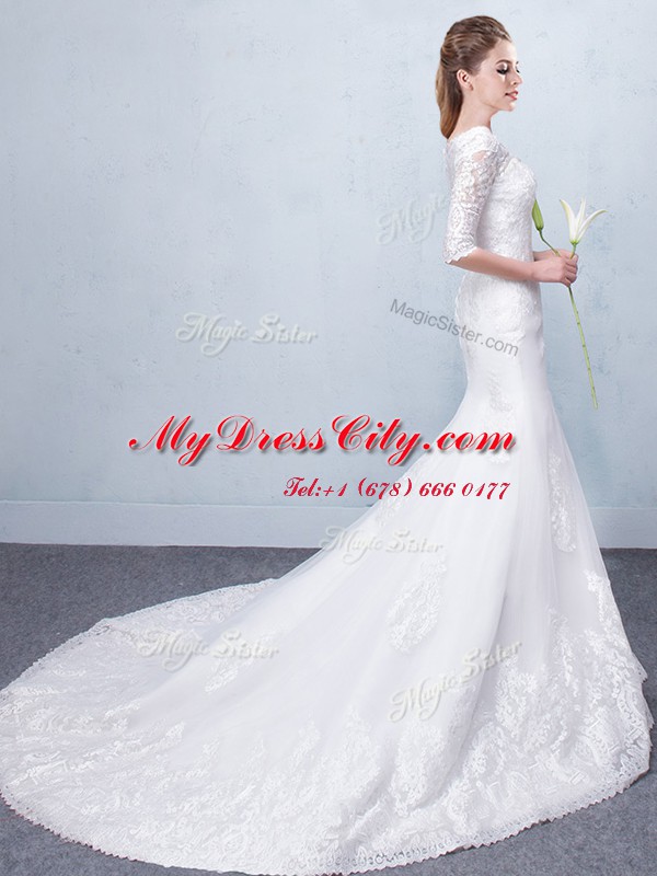 White Mermaid Scoop Half Sleeves Tulle With Train Court Train Lace Up Lace Wedding Gowns