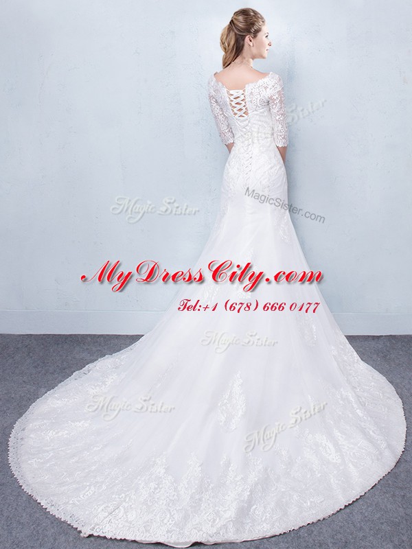 White Mermaid Scoop Half Sleeves Tulle With Train Court Train Lace Up Lace Wedding Gowns