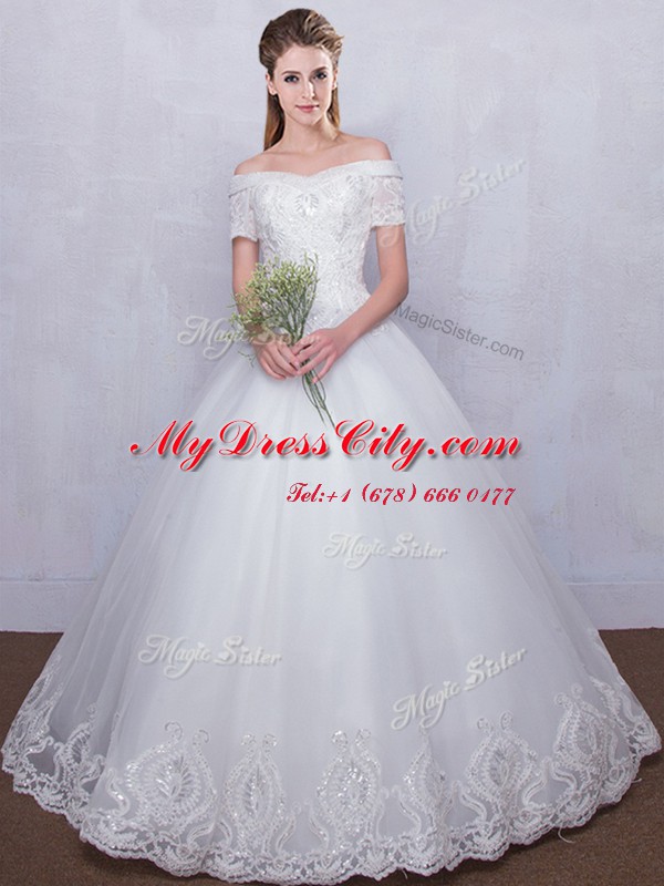 Off the Shoulder White Short Sleeves Tulle Lace Up Bridal Gown for Wedding Party