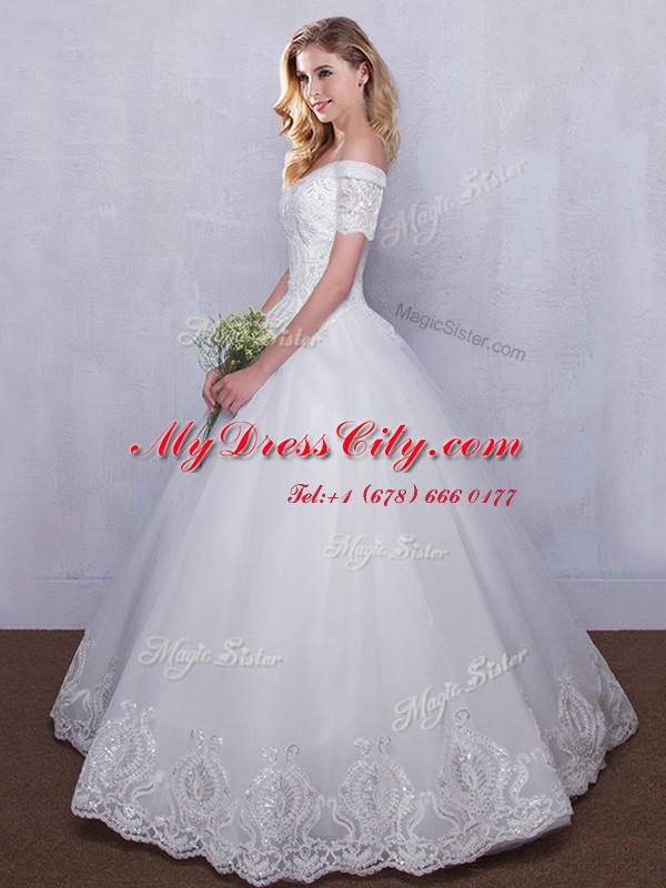 Off the Shoulder White Short Sleeves Tulle Lace Up Bridal Gown for Wedding Party