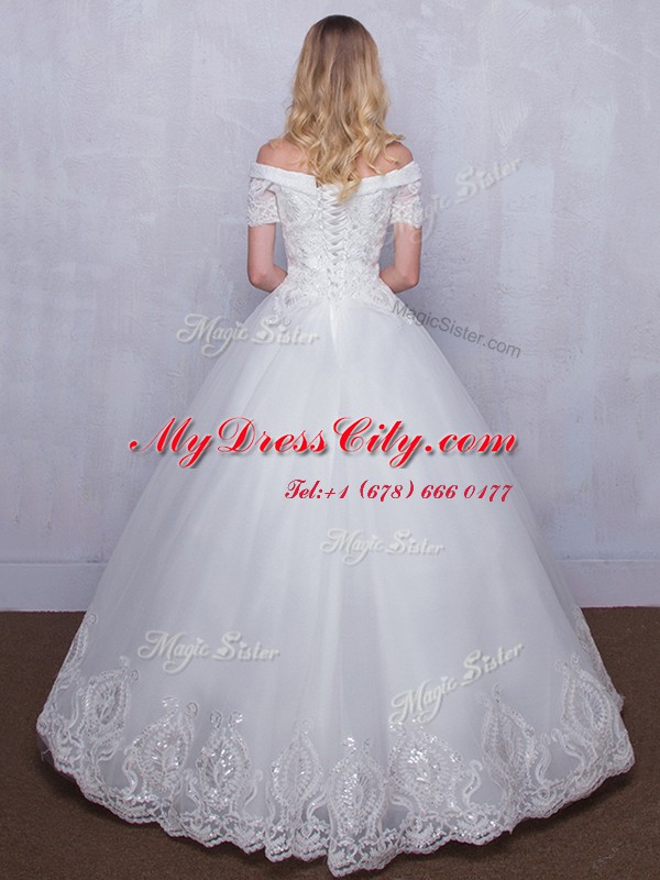 Off the Shoulder White Short Sleeves Tulle Lace Up Bridal Gown for Wedding Party