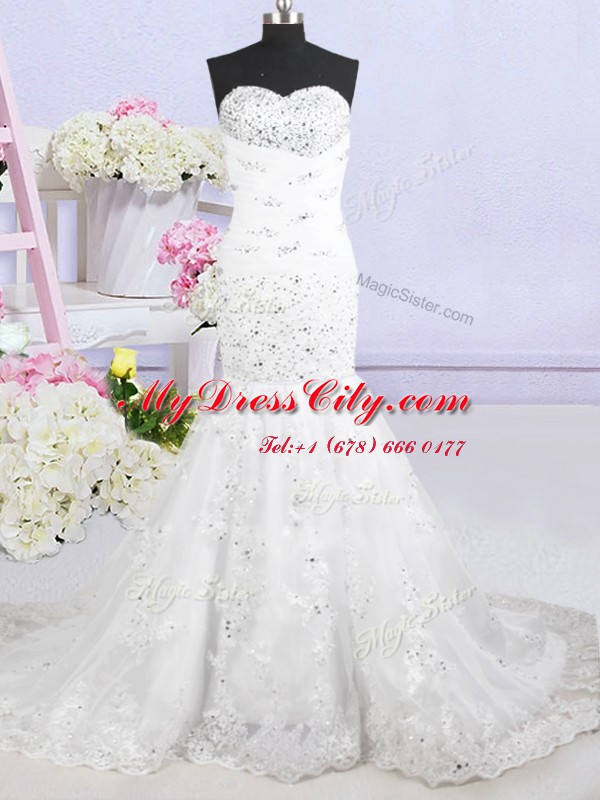 White Mermaid Tulle Sweetheart Sleeveless Beading and Lace and Appliques With Train Lace Up Wedding Gown Brush Train