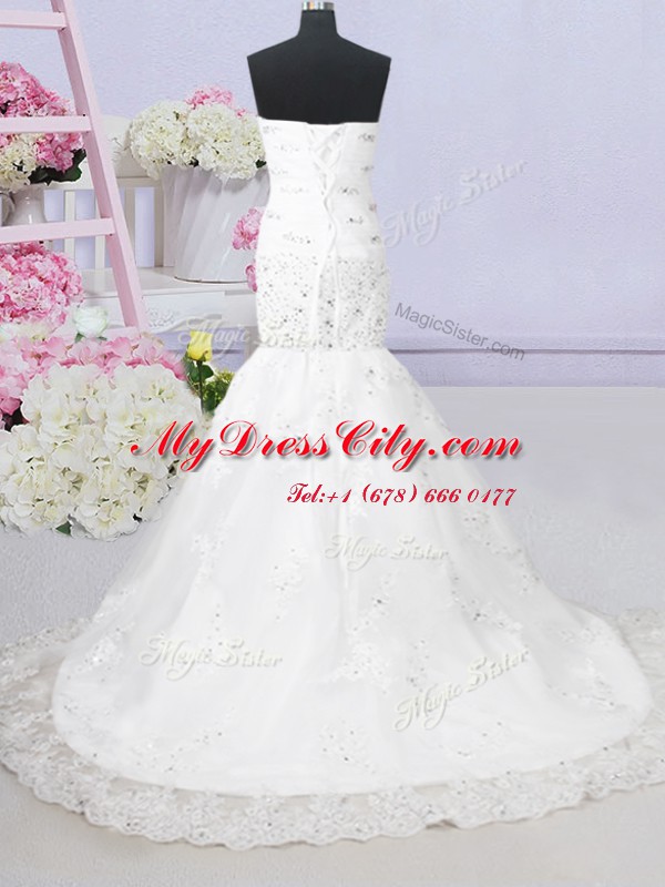 White Mermaid Tulle Sweetheart Sleeveless Beading and Lace and Appliques With Train Lace Up Wedding Gown Brush Train