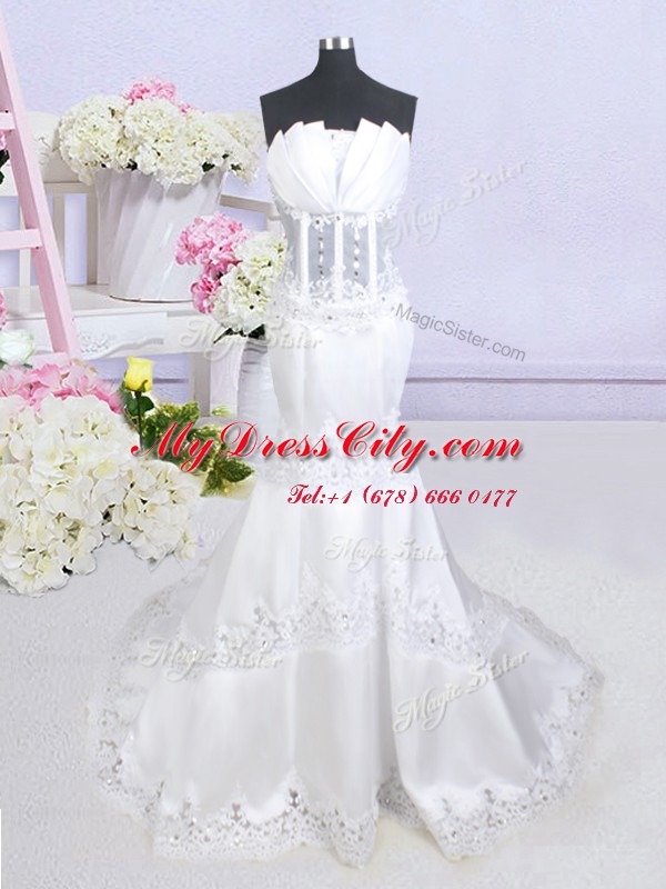 Low Price Mermaid See Through Sleeveless With Train Beading and Lace Zipper Bridal Gown with White Brush Train