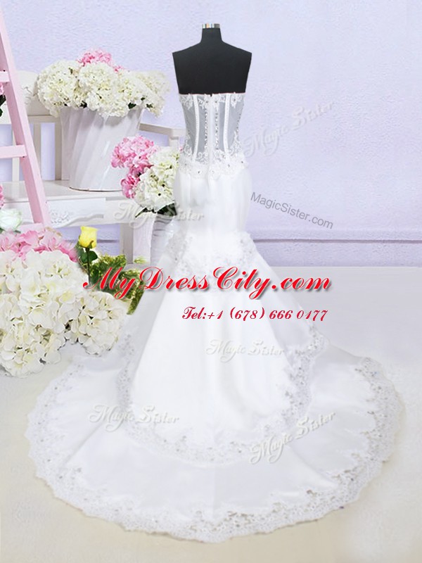 Low Price Mermaid See Through Sleeveless With Train Beading and Lace Zipper Bridal Gown with White Brush Train