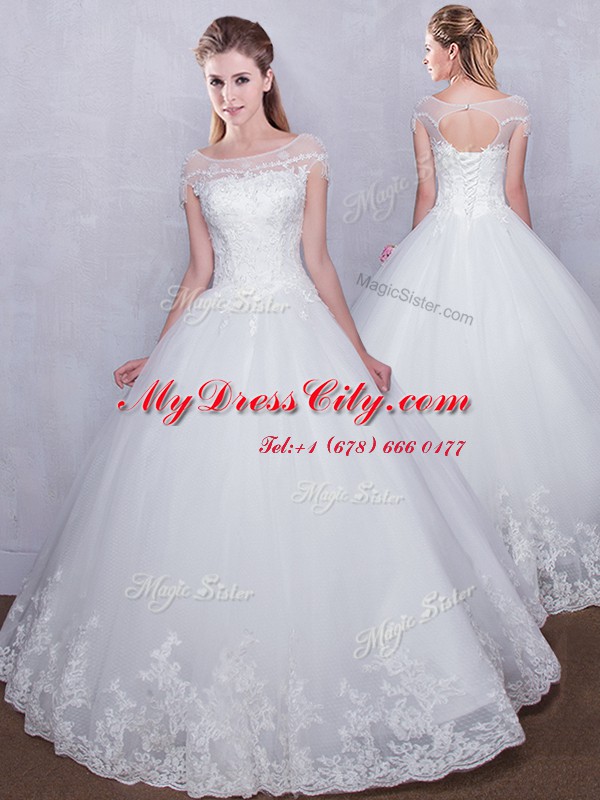 Great Scoop White Lace Up Bridal Gown Lace Cap Sleeves Floor Length