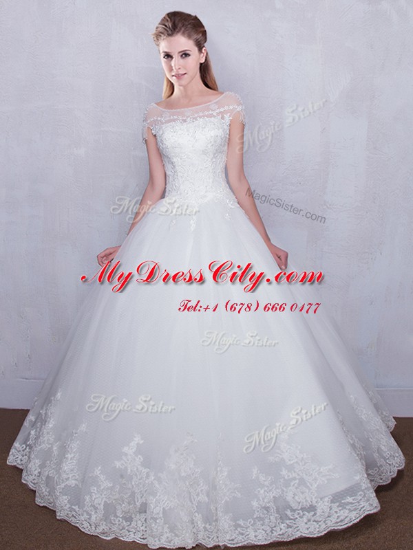 Great Scoop White Lace Up Bridal Gown Lace Cap Sleeves Floor Length