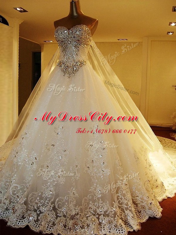 High Class White Lace Up Sweetheart Beading and Appliques Bridal Gown Tulle Sleeveless Chapel Train