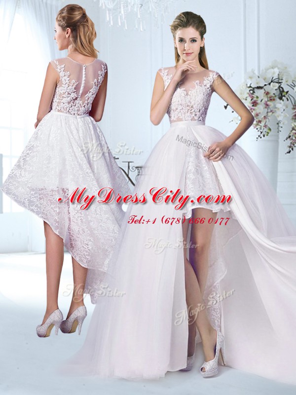 Fashion Scoop See Through White Tulle Zipper Wedding Dress Cap Sleeves Floor Length Lace and Appliques