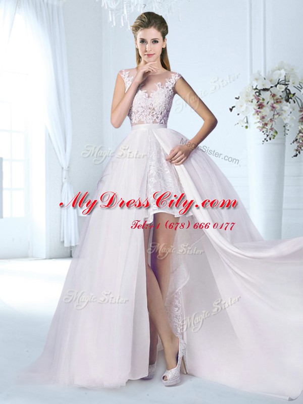 Fashion Scoop See Through White Tulle Zipper Wedding Dress Cap Sleeves Floor Length Lace and Appliques