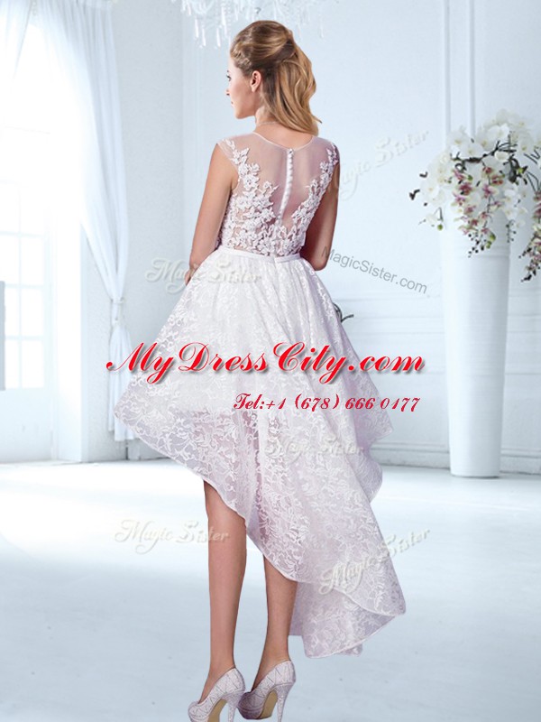 Fashion Scoop See Through White Tulle Zipper Wedding Dress Cap Sleeves Floor Length Lace and Appliques