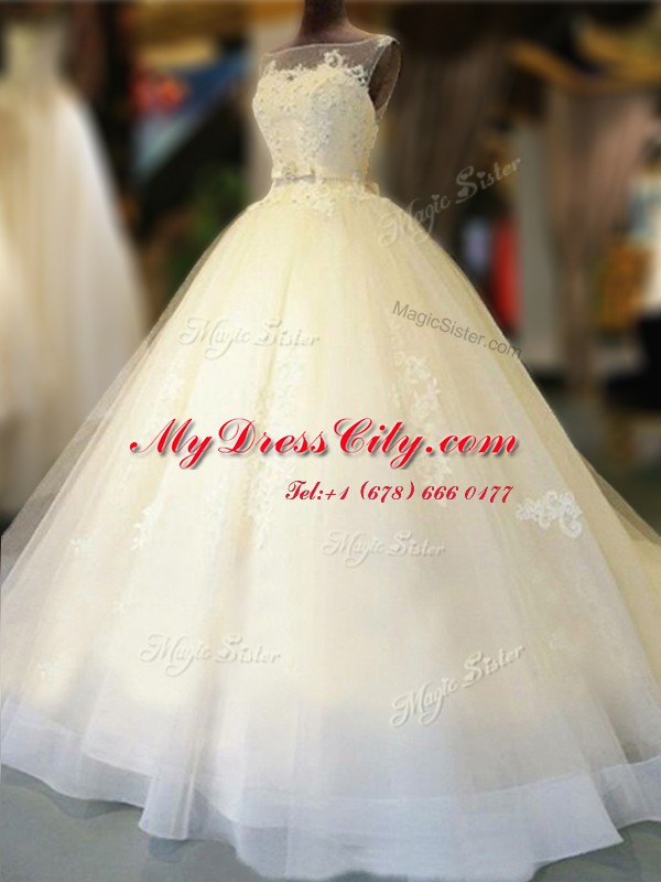 Smart Bateau Sleeveless Tulle Wedding Dresses Appliques and Bowknot Court Train Backless