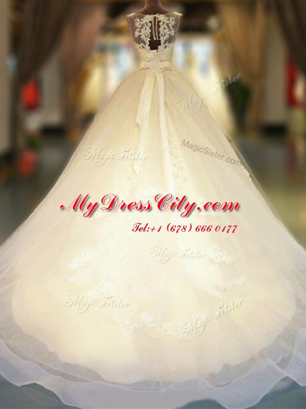 Smart Bateau Sleeveless Tulle Wedding Dresses Appliques and Bowknot Court Train Backless