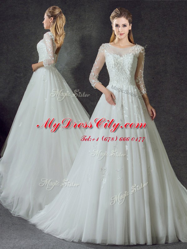 White Wedding Gowns Wedding Party and For with Lace Scoop 3 4 Length Sleeve Court Train Lace Up