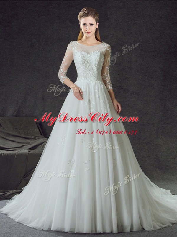 White Wedding Gowns Wedding Party and For with Lace Scoop 3 4 Length Sleeve Court Train Lace Up