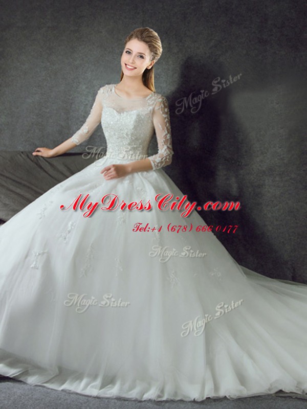 White Wedding Gowns Wedding Party and For with Lace Scoop 3 4 Length Sleeve Court Train Lace Up