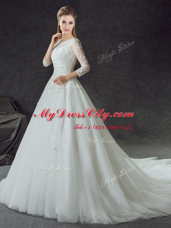 White Wedding Gowns Wedding Party and For with Lace Scoop 3 4 Length Sleeve Court Train Lace Up