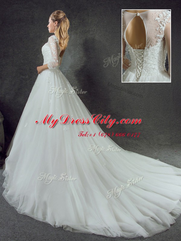 White Wedding Gowns Wedding Party and For with Lace Scoop 3 4 Length Sleeve Court Train Lace Up