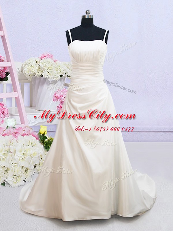 White Taffeta Zipper Wedding Dress Sleeveless Brush Train Ruching