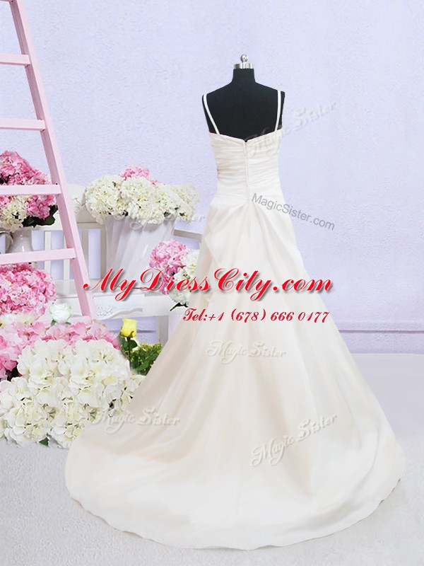 White Taffeta Zipper Wedding Dress Sleeveless Brush Train Ruching