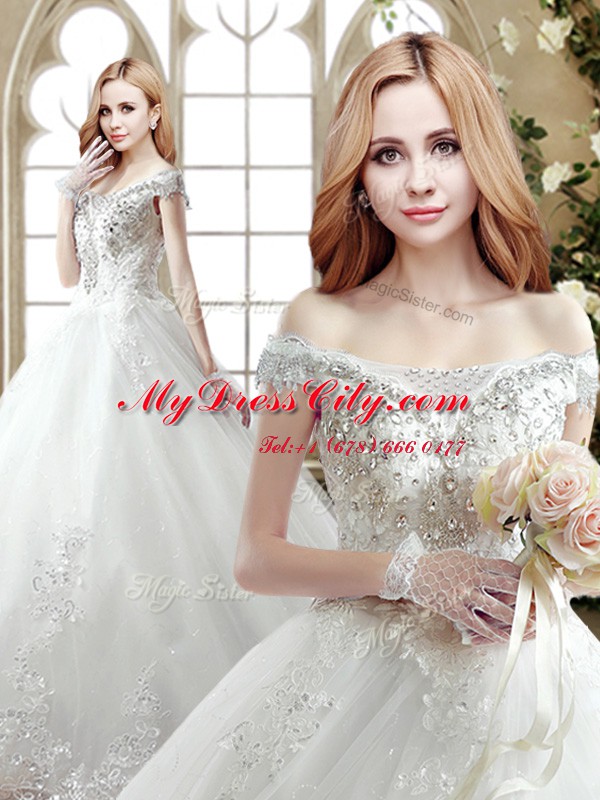 Off the Shoulder White Sleeveless Court Train Beading and Lace With Train Wedding Dress