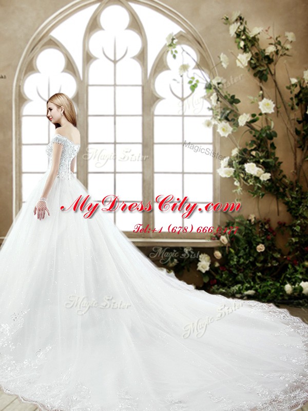 Off the Shoulder White Sleeveless Court Train Beading and Lace With Train Wedding Dress