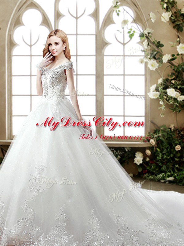 Off the Shoulder White Sleeveless Court Train Beading and Lace With Train Wedding Dress