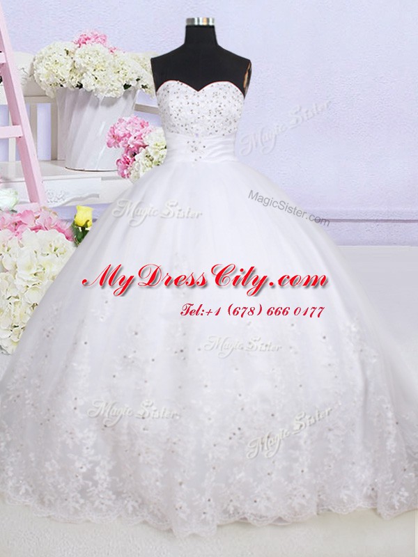 Dazzling White Tulle Lace Up Wedding Gowns Sleeveless With Train Court Train Beading and Lace