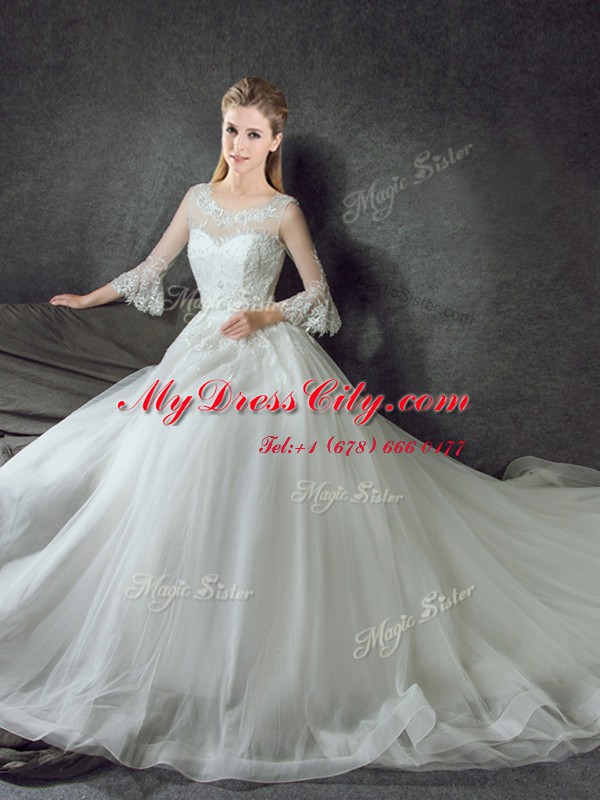 Sumptuous Scoop With Train Zipper Wedding Gowns White for Wedding Party with Lace Court Train