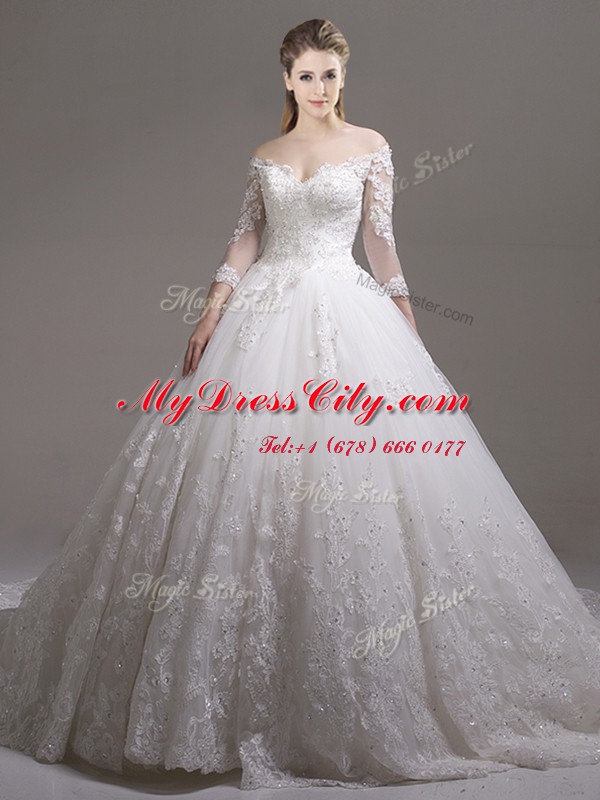 Off the Shoulder White Zipper Wedding Gowns Lace and Appliques Half Sleeves Cathedral Train