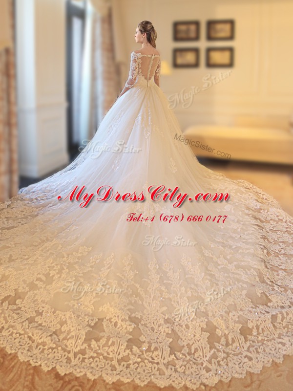 Off the Shoulder White Zipper Wedding Gowns Lace and Appliques Half Sleeves Cathedral Train