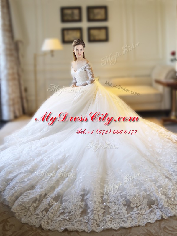 Off the Shoulder White Zipper Wedding Gowns Lace and Appliques Half Sleeves Cathedral Train