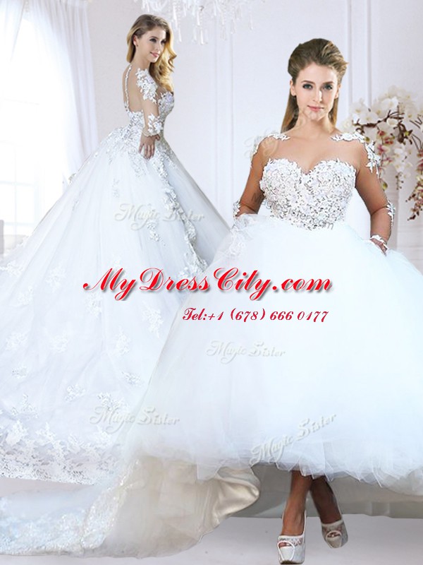 Long Sleeves Chapel Train Lace and Appliques Zipper Wedding Gowns