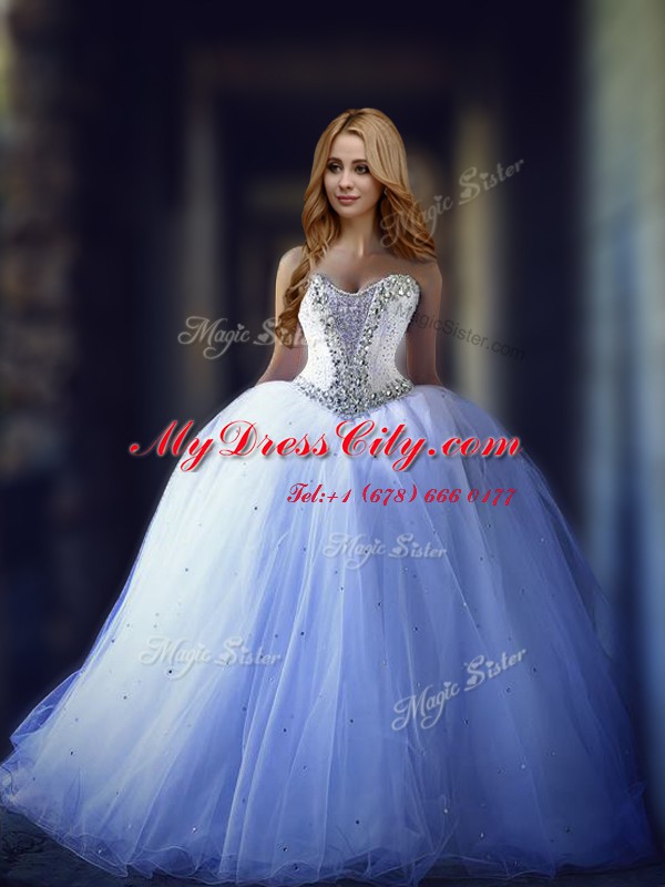 White Ball Gowns Tulle Sweetheart Sleeveless Beading With Train Lace Up Bridal Gown Brush Train