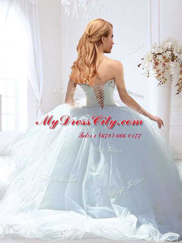 White Ball Gowns Tulle Sweetheart Sleeveless Beading With Train Lace Up Bridal Gown Brush Train