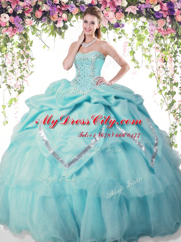 Decent Aqua Blue Lace Up 15 Quinceanera Dress Beading and Pick Ups Sleeveless Floor Length