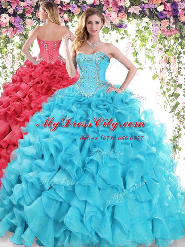 Lace Up Quinceanera Gowns Baby Blue for Military Ball and Sweet 16 and Quinceanera with Beading and Ruffles Sweep Train